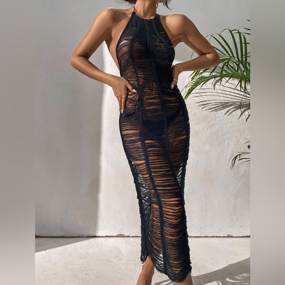 Tulum Distressed Beach Cover Up thread Black boho dress beach pool party club